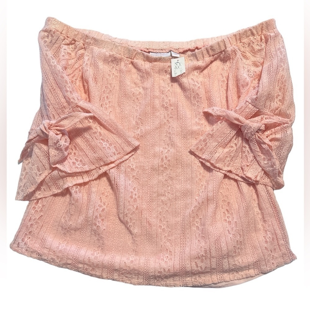 New York & Company Stretchy Wide Neckline or Off the Shoulder Lacey Pink Top